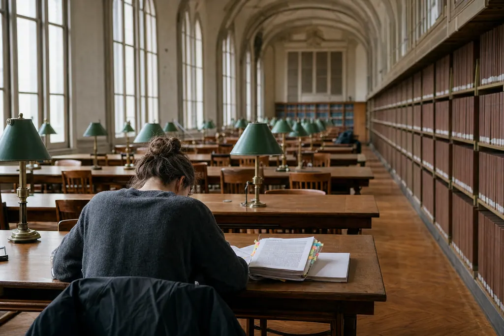 Sală de lectură universitară cu lămpi verzi, unde un student corectează o lucrare tipărită (imagine generată cu AI)